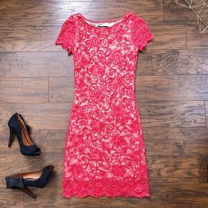 Alexia Admor • coral lace sheath dress fitted bodycon sequin stretch cap sleeve
